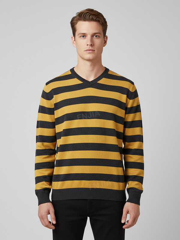 Мужской вязаный свитер в горчично-угольную горизонтальную полоску с V-образным вырезом - Индивидуальный приталенный дизайн