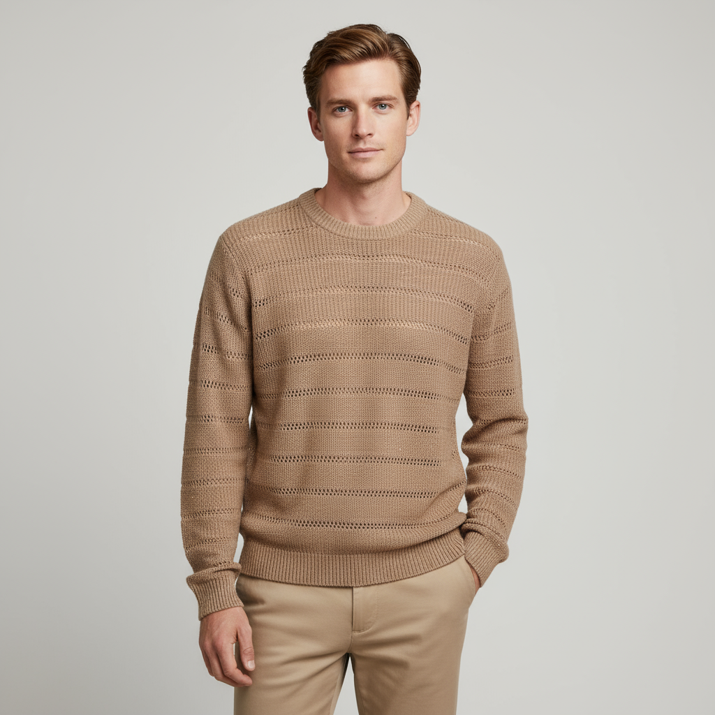 Мужской вязаный свитер Camel с открытой полоской - Индивидуальный дизайн свободного кроя