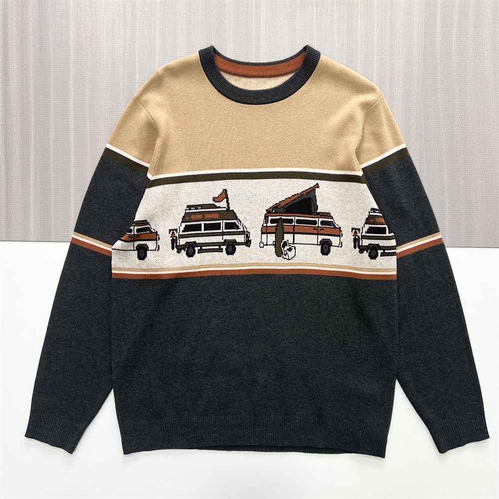 Мужской бежевый и угольный фургон-фургончик-Вязаный свитер с круглым вырезом и рисунком - Индивидуальный тематический дизайн