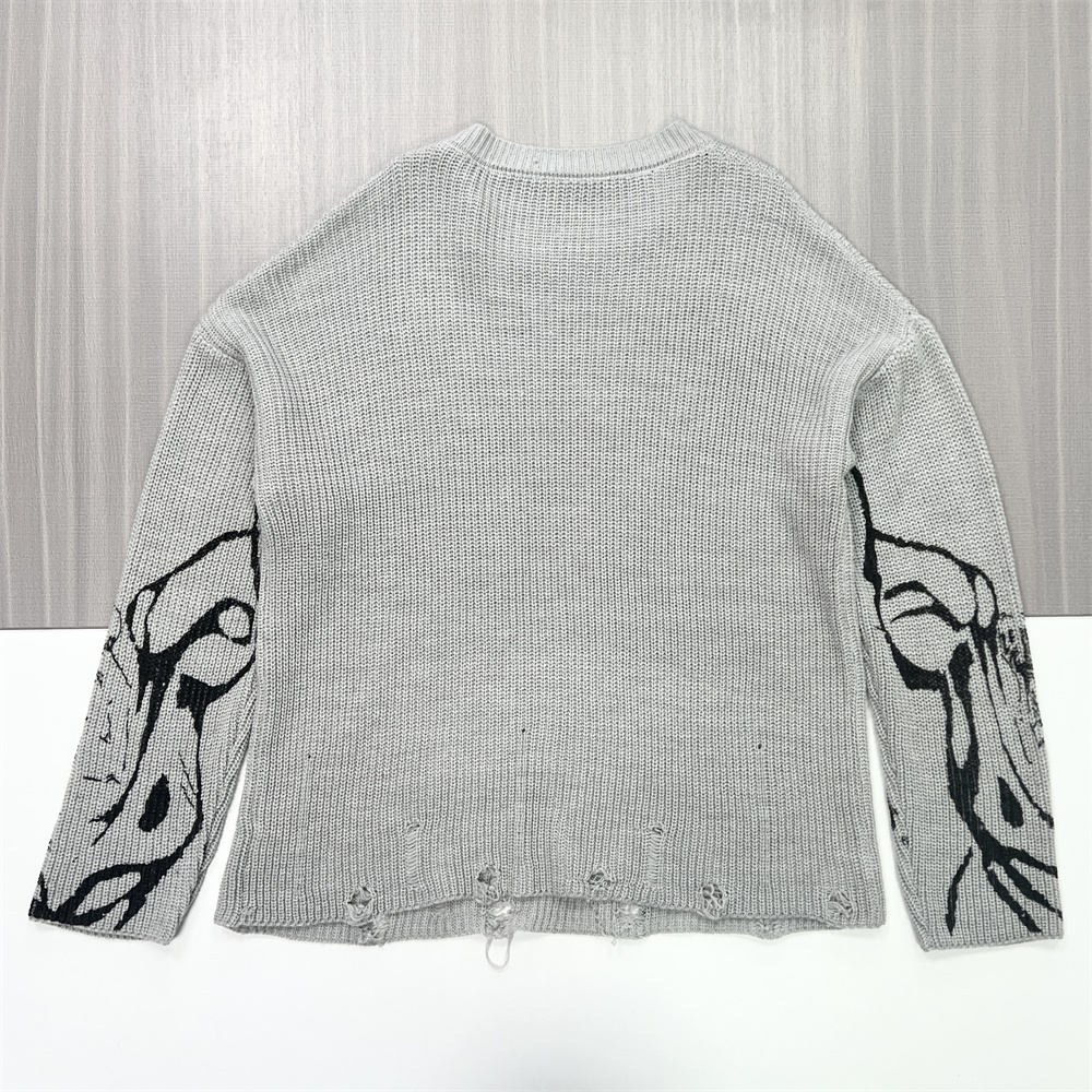 Мужской светло-серый вязаный свитер оверсайз с графическим рисунком - выполненный на заказ абстрактный арт-дизайн