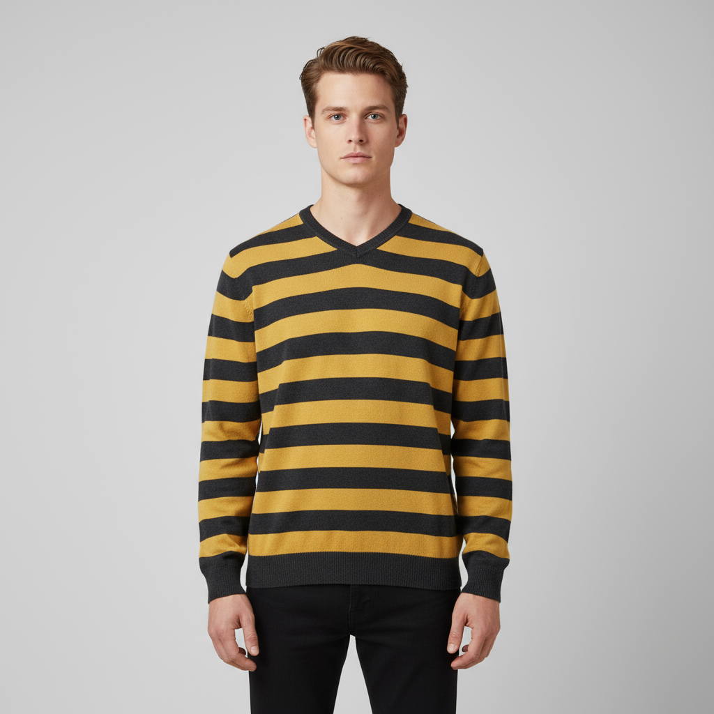 Мужской вязаный свитер в горчично-угольную горизонтальную полоску с V-образным вырезом - Индивидуальный приталенный дизайн