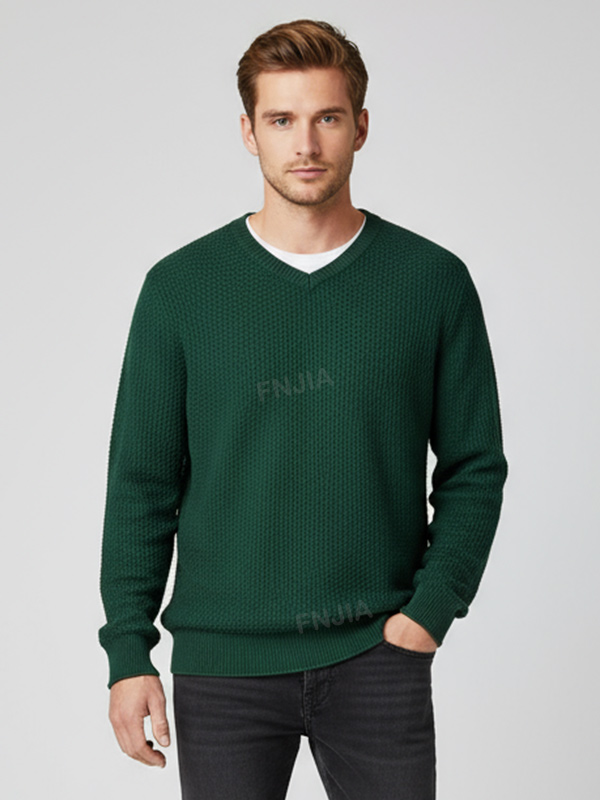 Мужской вязаный свитер с V-образным вырезом и текстурой цвета лесной зелени - Индивидуальный дизайн свободного кроя