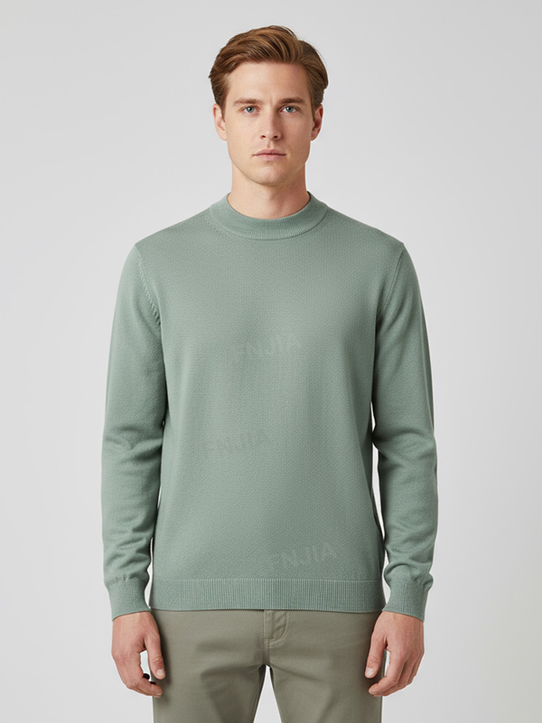 Мужской приталенный свитер с имитацией шеи цвета шалфея зеленого цвета - Индивидуальный минималистский дизайн