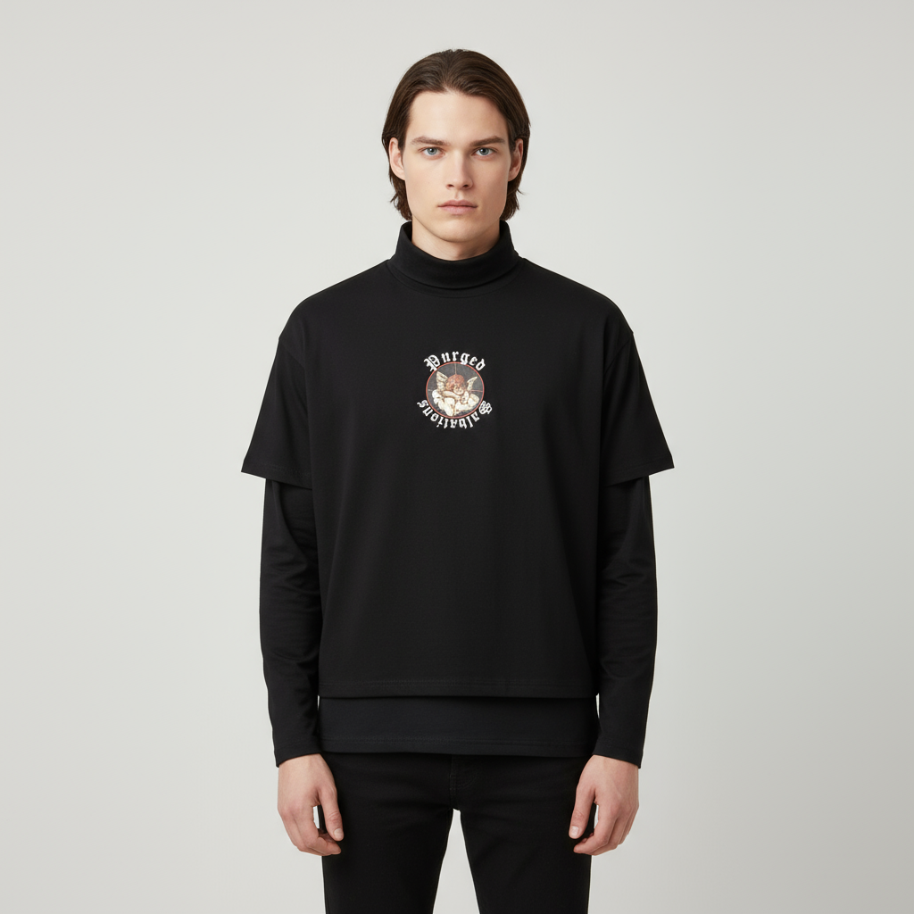 Мужская черная водолазка с многослойным рукавом и графическим принтом - Индивидуальный дизайн уличной одежды