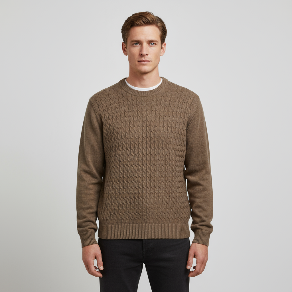 Мужской свитер верблюжьей вязки с круглым вырезом лодочкой - индивидуальный приталенный дизайн