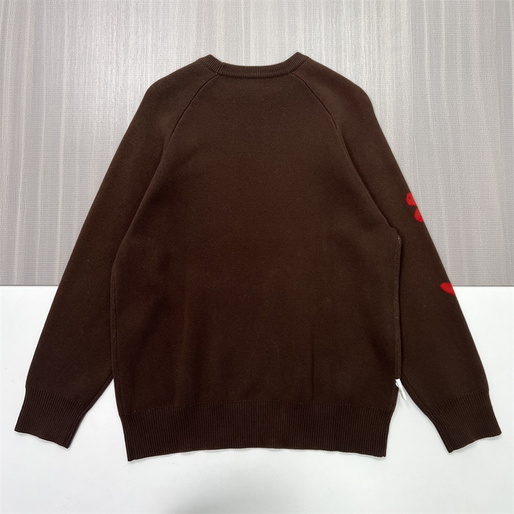 Мужской коричневый вязаный свитер с круглым вырезом и цветочными и текстовыми мотивами - Индивидуальный дизайн уличной одежды