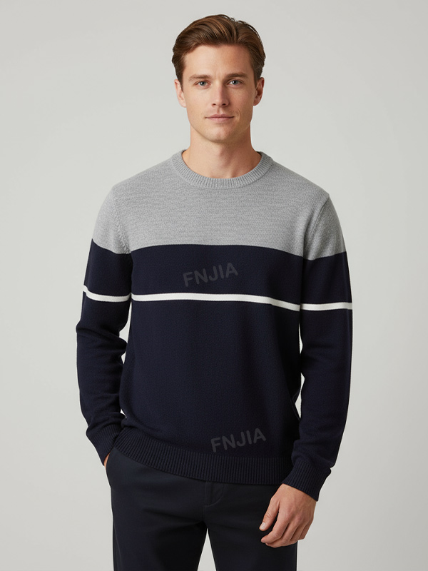 Мужской вязаный свитер с круглым вырезом в серую и темно-синюю полоску - Индивидуальный дизайн свободного кроя
