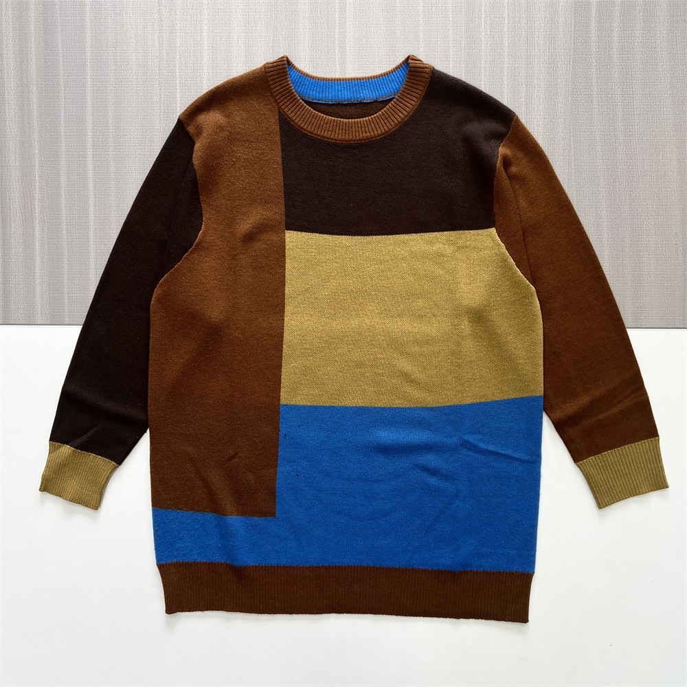 Мужской вязаный свитер с круглым вырезом в клетку в естественных и синих тонах - Индивидуальный дизайн свободного кроя