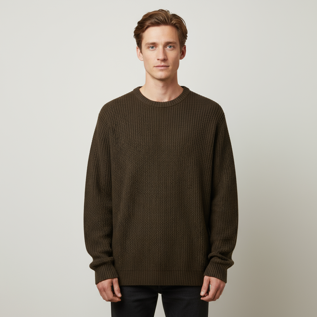 Мужской темно-оливковый вязаный свитер в рубчик с круглым вырезом - индивидуальный дизайн свободного кроя