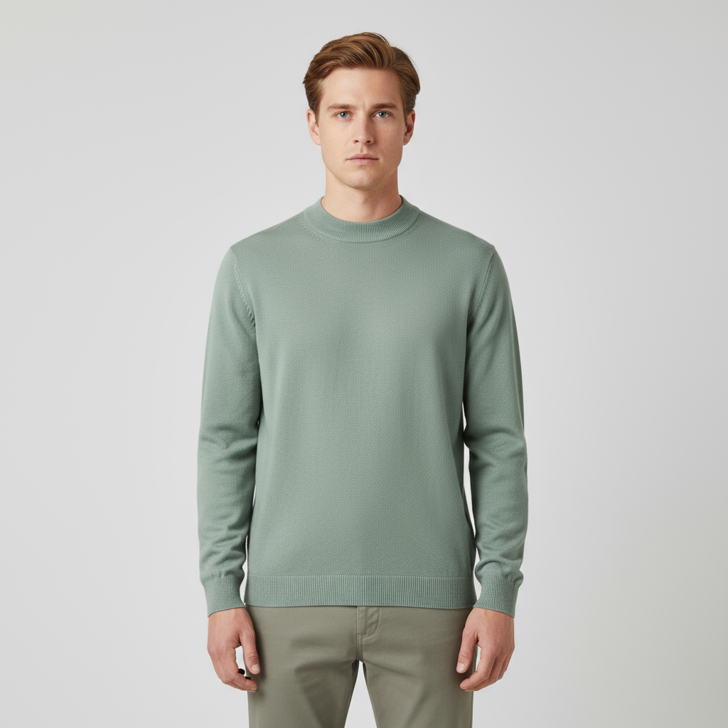 Мужской приталенный свитер с имитацией шеи цвета шалфея зеленого цвета - Индивидуальный минималистский дизайн