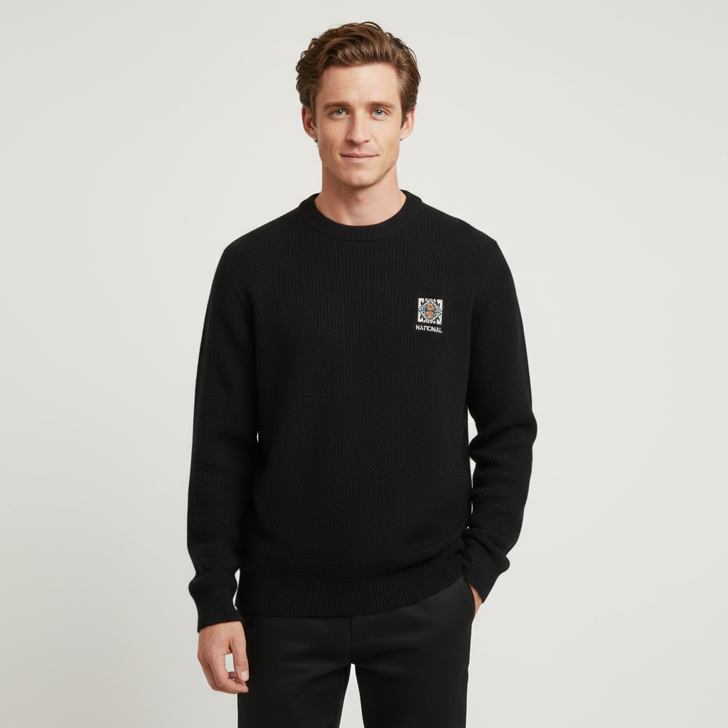 Мужской черный текстурированный вязаный свитер с круглым вырезом - Индивидуальный дизайн эмблемы