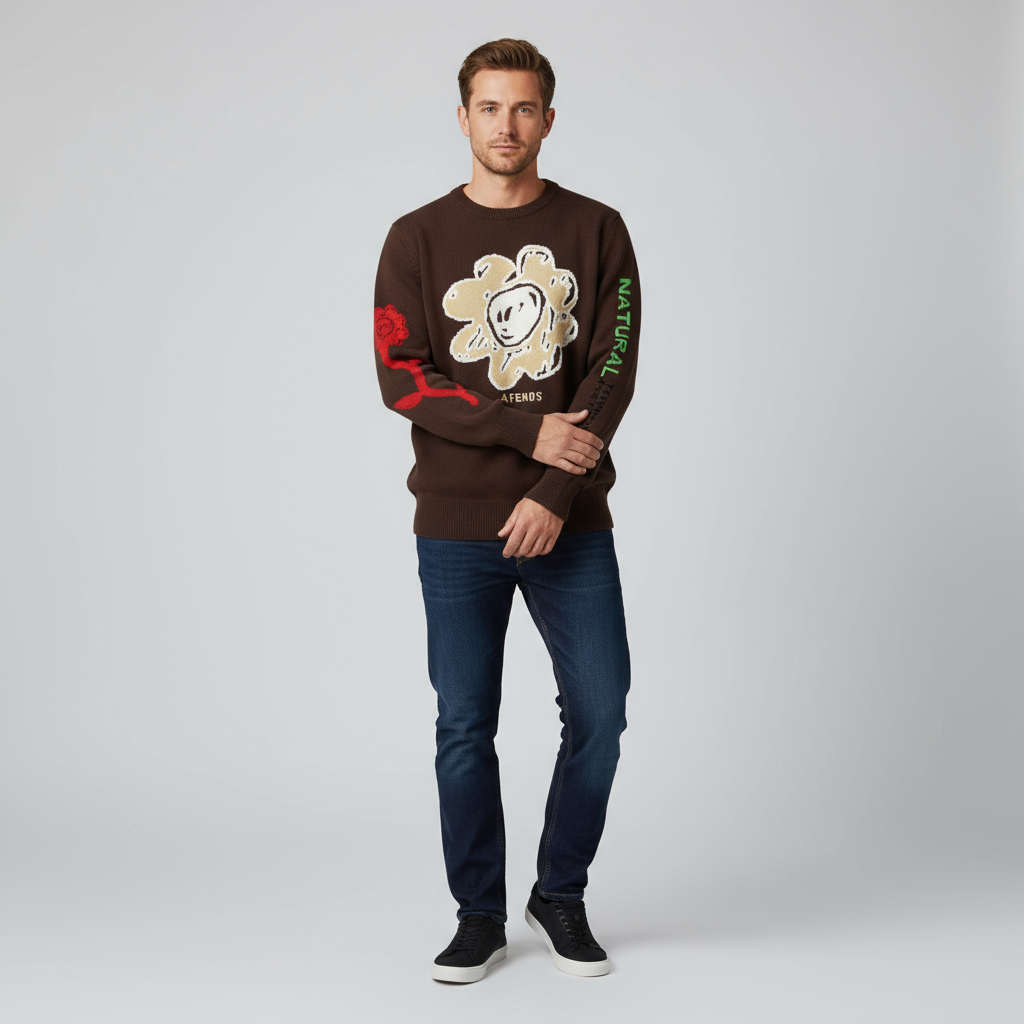 Мужской коричневый вязаный свитер с круглым вырезом и цветочными и текстовыми мотивами - Индивидуальный дизайн уличной одежды