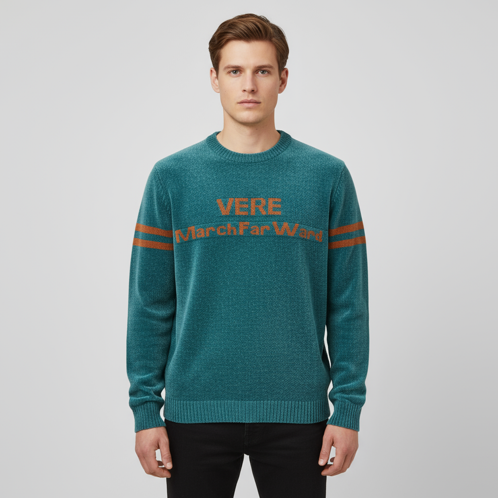 Мужской вязаный свитер с круглым вырезом в бирюзово-ржавых тонах с графическим рисунком - Индивидуальный дизайн