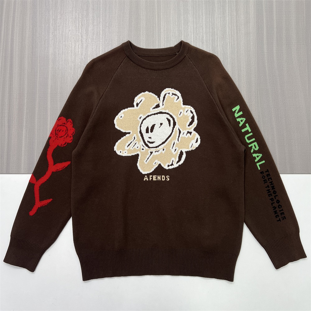 Мужской коричневый вязаный свитер с круглым вырезом и цветочными и текстовыми мотивами - Индивидуальный дизайн уличной одежды