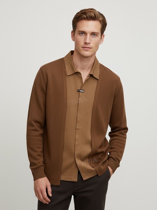 Мужской вязаный свитер-поло с многослойным воротником цвета верблюжьей шерсти - Индивидуальный дизайн 