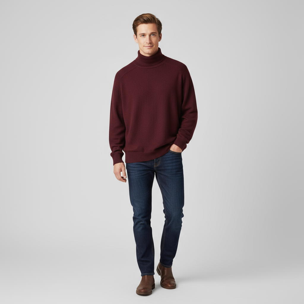 Мужской вязаный свитер-водолазка бордового цвета с высоким воротом - Индивидуальный дизайн свободного кроя