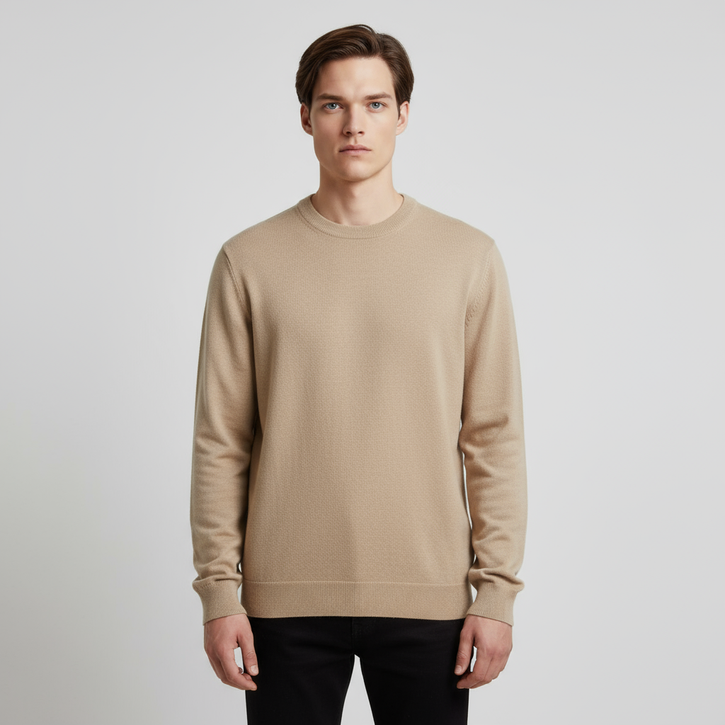Мужской бежевый минималистичный вязаный свитер с круглым вырезом - Индивидуальный Универсальный дизайн