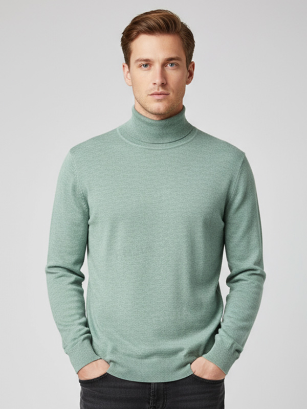 Мужской вязаный свитер-водолазка цвета шалфея с высоким воротом - Индивидуальный приталенный дизайн