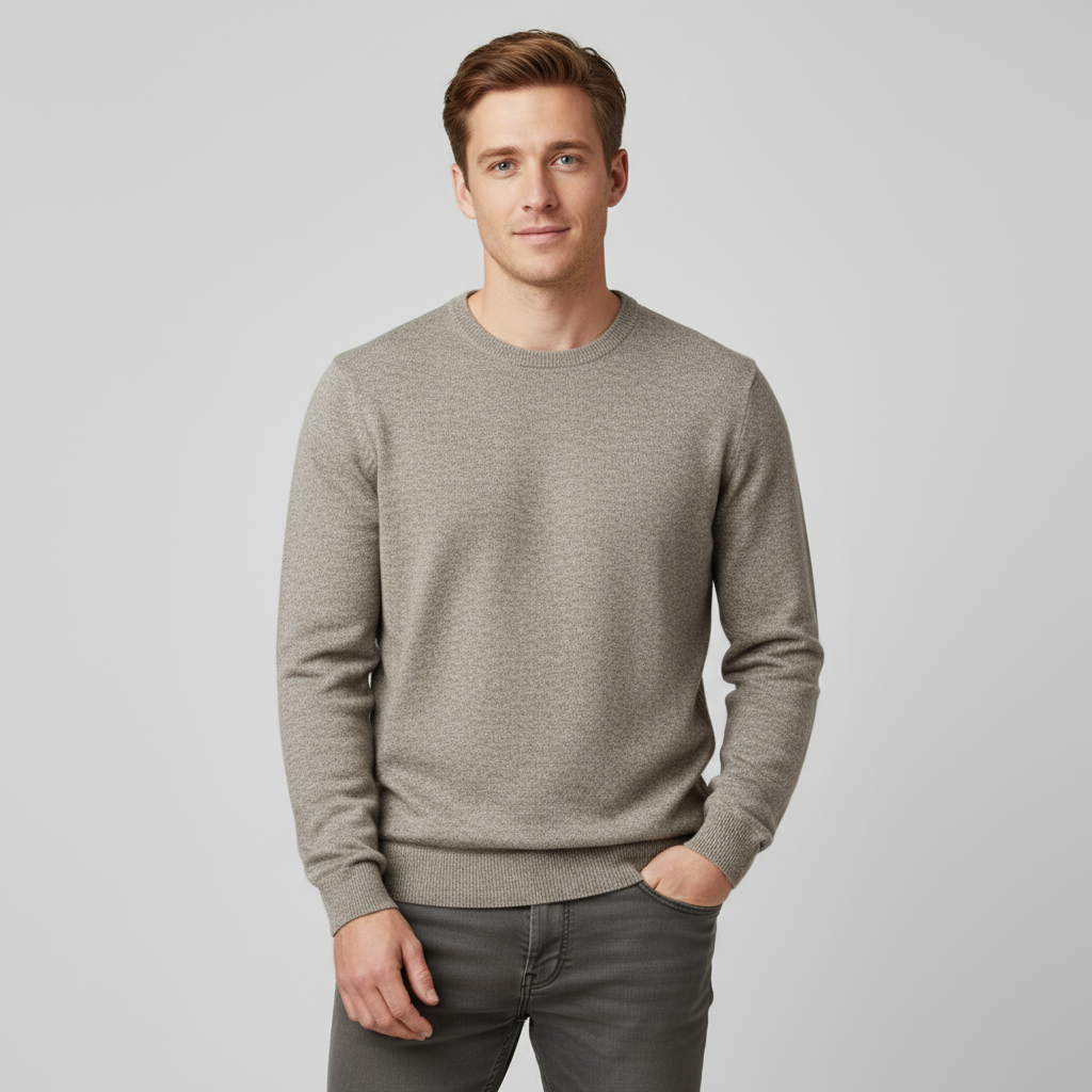 Мужской вязаный свитер темно-серого цвета с круглым вырезом на резинке - индивидуальный приталенный дизайн