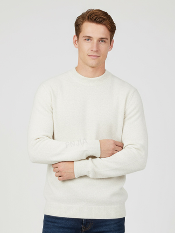 Мужской минималистичный вязаный свитер с имитацией шеи цвета слоновой кости - Индивидуальный изысканный дизайн