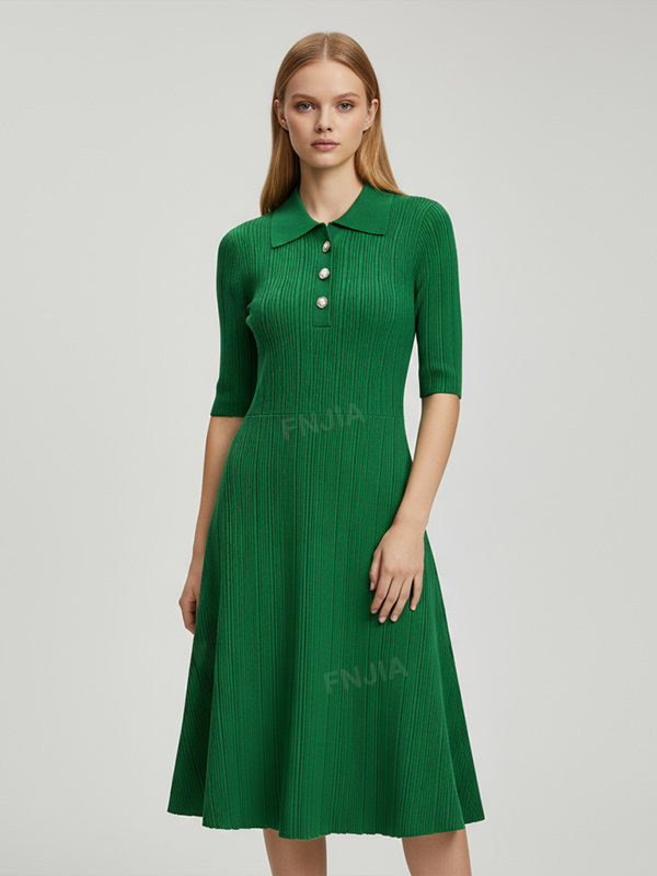 Женское изумрудно-зеленое миди-платье-поло в рубчик с воротником-стойкой - элегантный дизайн на заказ