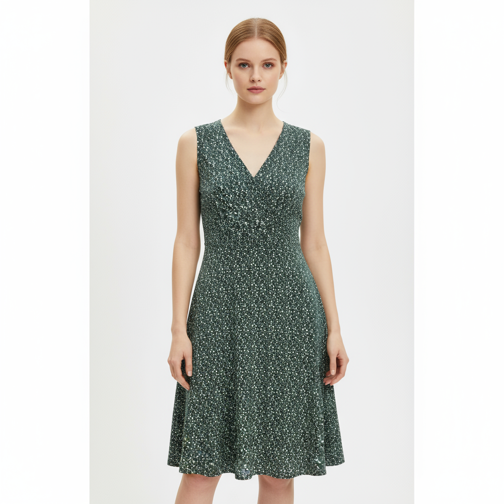 Женское мини-платье без рукавов с V-образным вырезом и цветочным принтом цвета лесной зелени - индивидуальный женственный повседневный дизайн