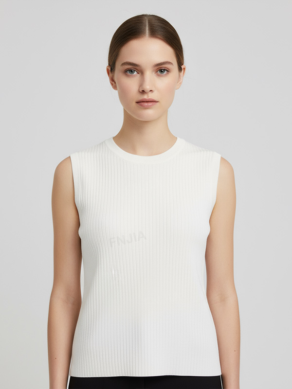 Женский белый трикотажный топ без рукавов с круглым вырезом в рубчик - индивидуальный минималистский дизайн