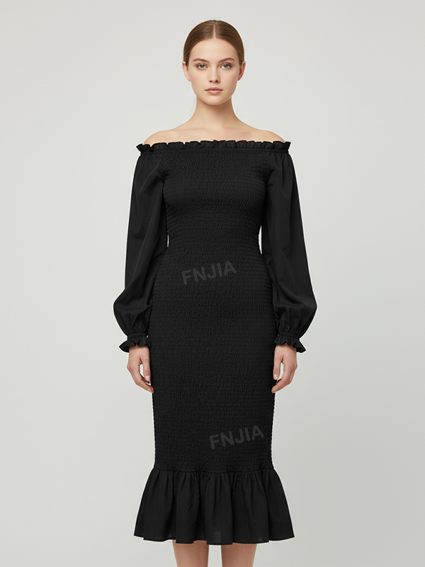 Женское черное миди-платье в стиле русалки с открытыми плечами и пышными рукавами, выполненное в элегантном официальном стиле на заказ