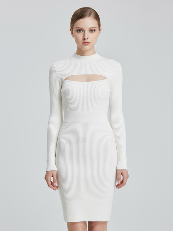 Женское белое мини-платье в рубчик с имитацией шеи в рубчик - Современный облегающий дизайн на заказ