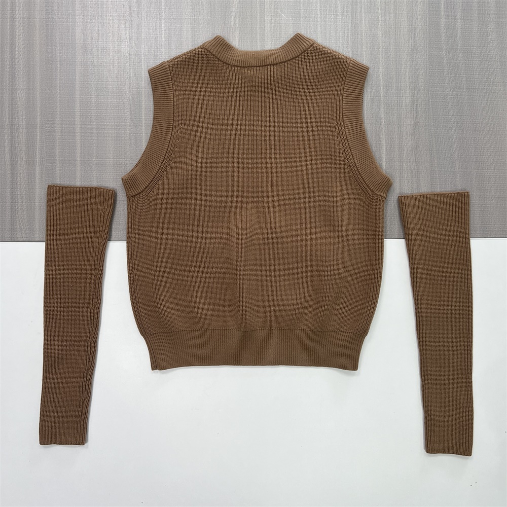 Женский вязаный топ верблюжьего цвета в рубчик с открытыми плечами и съемным рукавом - Индивидуальный модульный дизайн