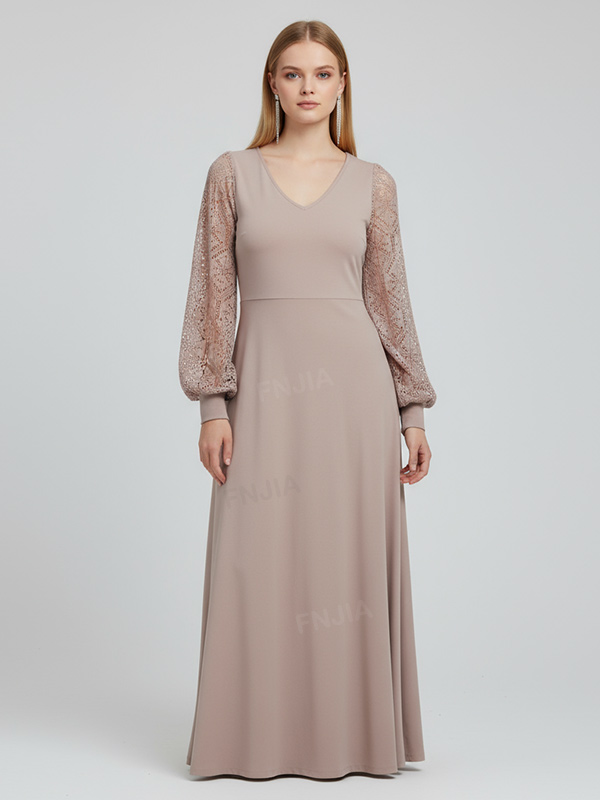 Женское бежевое макси-платье с кружевными рукавами и V-образным вырезом - элегантный дизайн с панелями на заказ