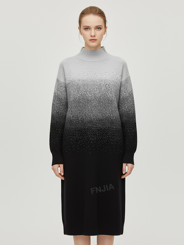 Женское вязаное миди-платье с имитацией шеи и блестками в стиле омбре - Гламурный градиентный дизайн на заказ