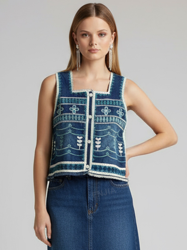 Женский жилет без рукавов с вышивкой цвета индиго - индивидуальный дизайн в народном стиле ручной работы