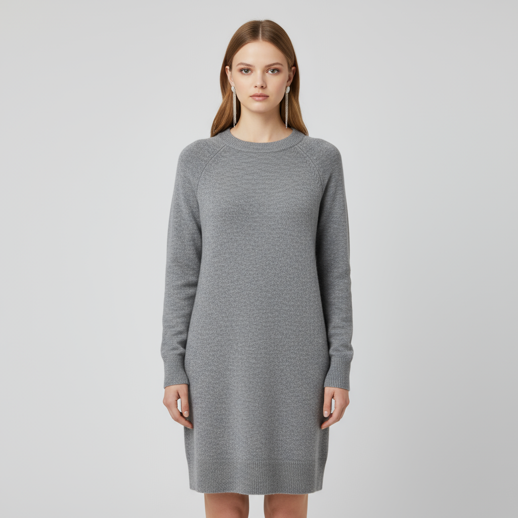 Женское вязаное платье-свитер Heather Gray с круглым вырезом горловины - индивидуальный минималистский дизайн комфорта
