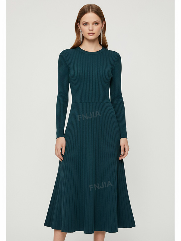 Женское расклешенное миди-платье в рубчик бирюзового цвета с круглым вырезом и элегантным трикотажным узором на заказ