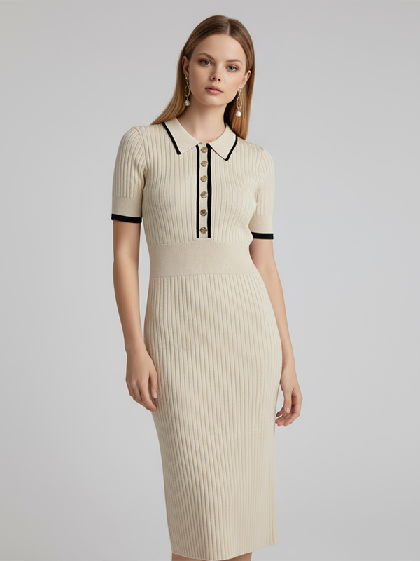 Женское бежевое миди-платье в рубчик с контрастным воротником-стойкой - элегантный приталенный дизайн на заказ