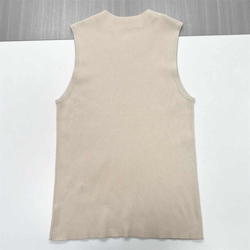 Женский бежевый трикотажный топ без рукавов с имитацией шеи в рубчик - индивидуальный облегающий дизайн Essential