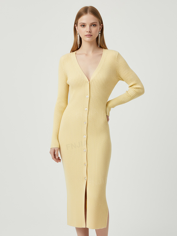 Женское лимонно-желтое миди-платье в рубчик с V-образным вырезом и пуговицами спереди - Приталенный стильный дизайн на заказ