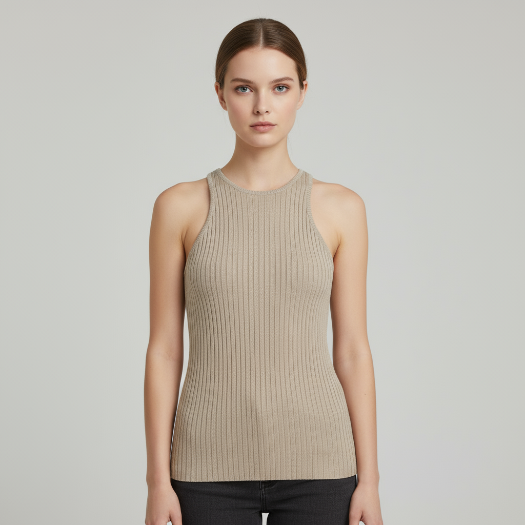 Женский бежевый топ на бретелях в рубчик с принтом "Беговая дорожка" - Приталенный трикотаж на заказ