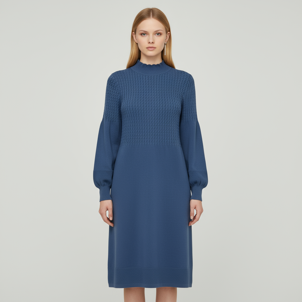 Женское темно-синее трикотажное платье миди с имитацией шеи - элегантный текстурированный дизайн на заказ
