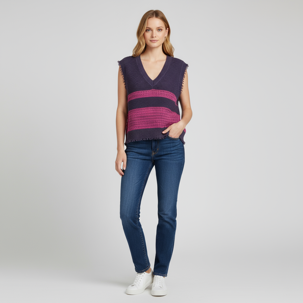 Женский вязаный жилет без рукавов в сливовую и пурпурную полоску из потертого трикотажа - Оригинальный дизайн