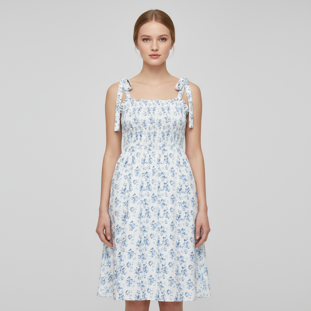 Женское бело-голубое миди-платье с цветочным рисунком и завязками на бретелях - индивидуальный женственный повседневный дизайн