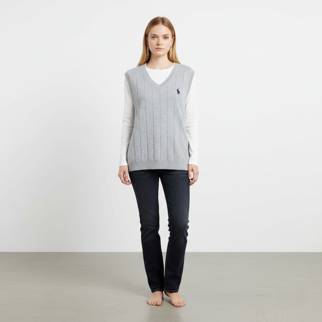 Женский светло-серый вязаный жилет в рубчик с V-образным вырезом и эмблемой Polo - элегантный дизайн на заказ