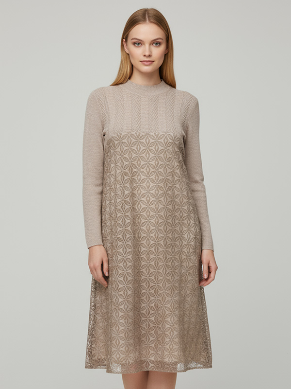 Женское бежевое платье миди из текстурированного трикотажа со вставками - элегантный дизайн с индивидуальным рисунком