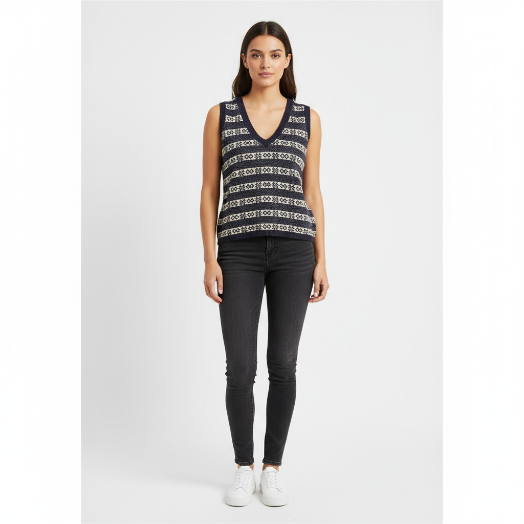 Женский вязаный топ без рукавов с V-образным вырезом и рисунком Fair Isle темно-синего цвета - индивидуальный элегантный дизайн