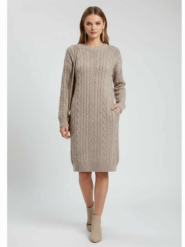 Женское бежевое миди-платье из трикотажа с круглым вырезом - индивидуальный уютный классический дизайн