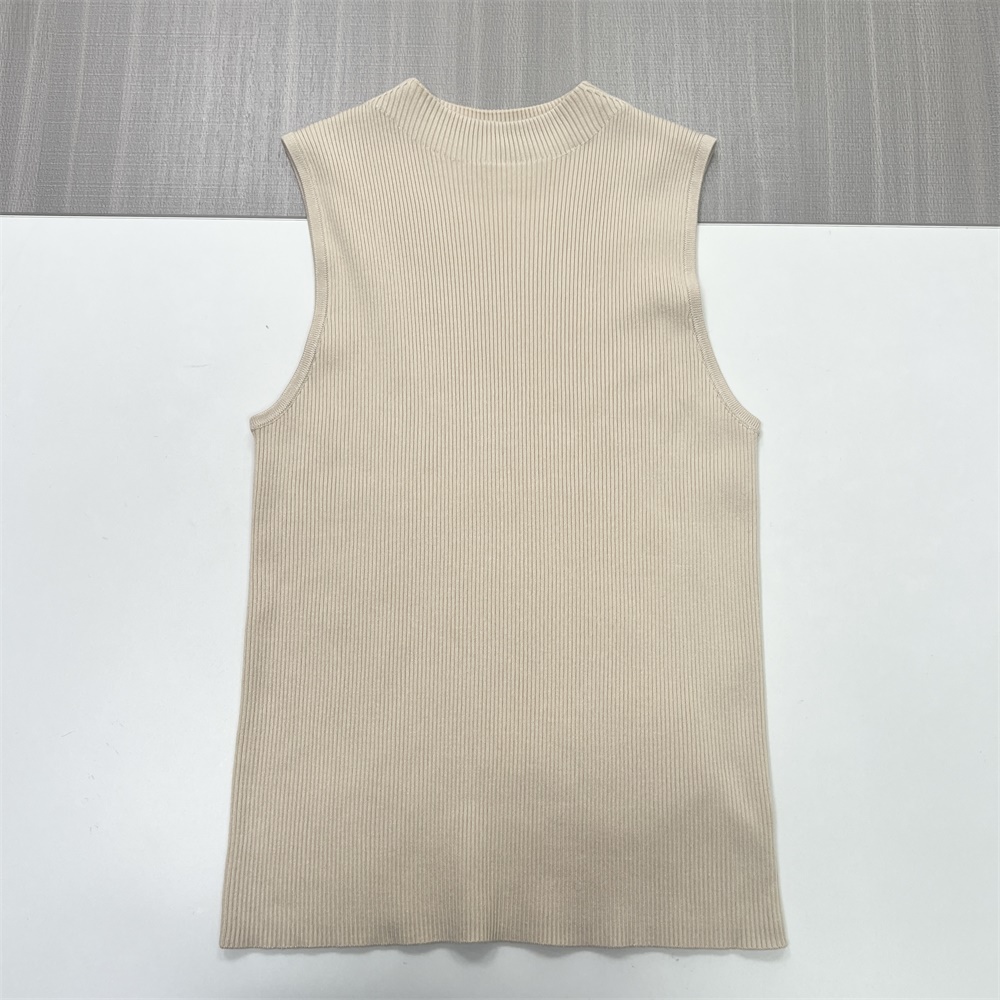 Женский бежевый трикотажный топ без рукавов с имитацией шеи в рубчик - индивидуальный облегающий дизайн Essential