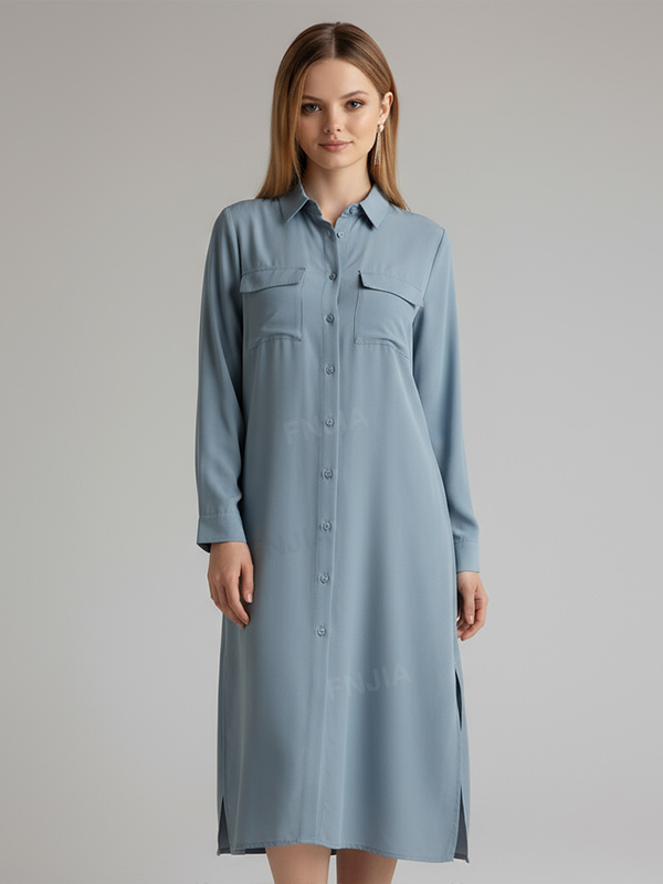 Женское платье-рубашка пыльно-синего цвета с нагрудными карманами - индивидуальный непринужденный элегантный дизайн