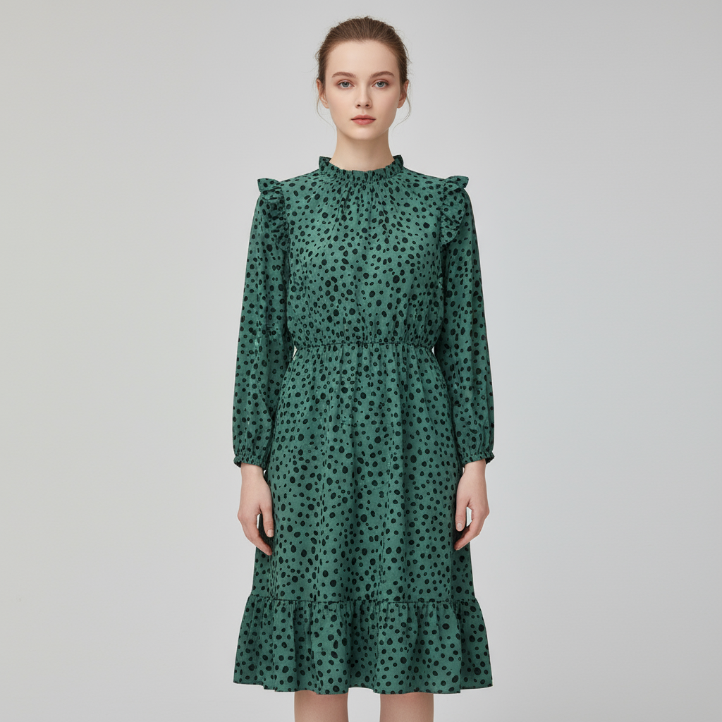 Женское бирюзовое платье миди с оборками и леопардовым принтом - индивидуальный романтический дизайн