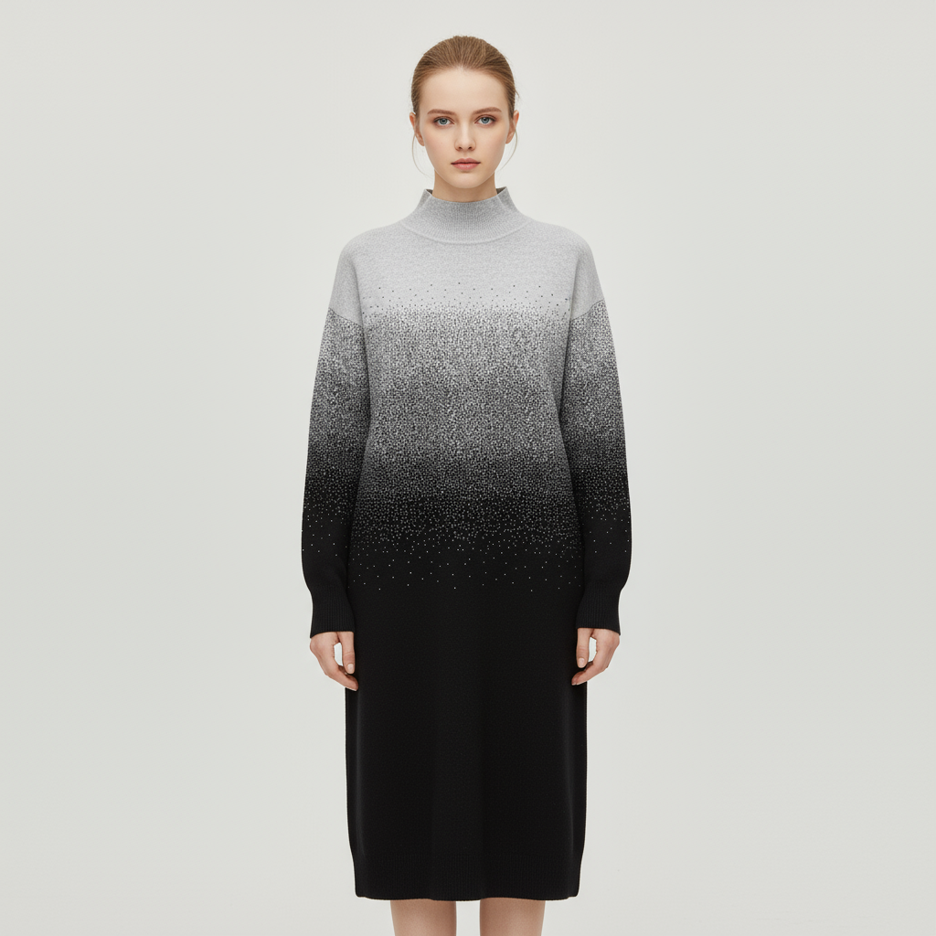 Женское вязаное миди-платье с имитацией шеи и блестками в стиле омбре - Гламурный градиентный дизайн на заказ